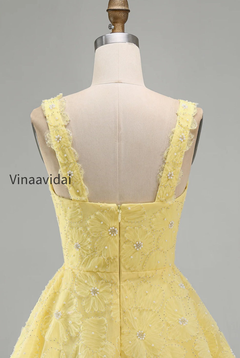 light-yellow-floral-a-line-beaded-bubble-short-homecoming-dress