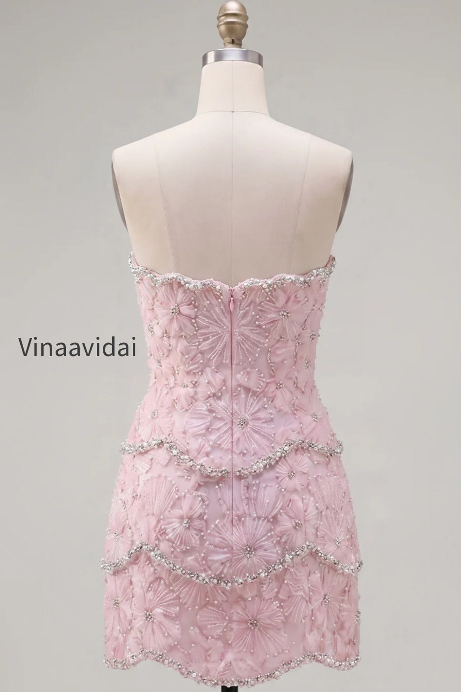 sparkly-pink-floral-tight-short-strapless-homecoming-dress-with-pearls