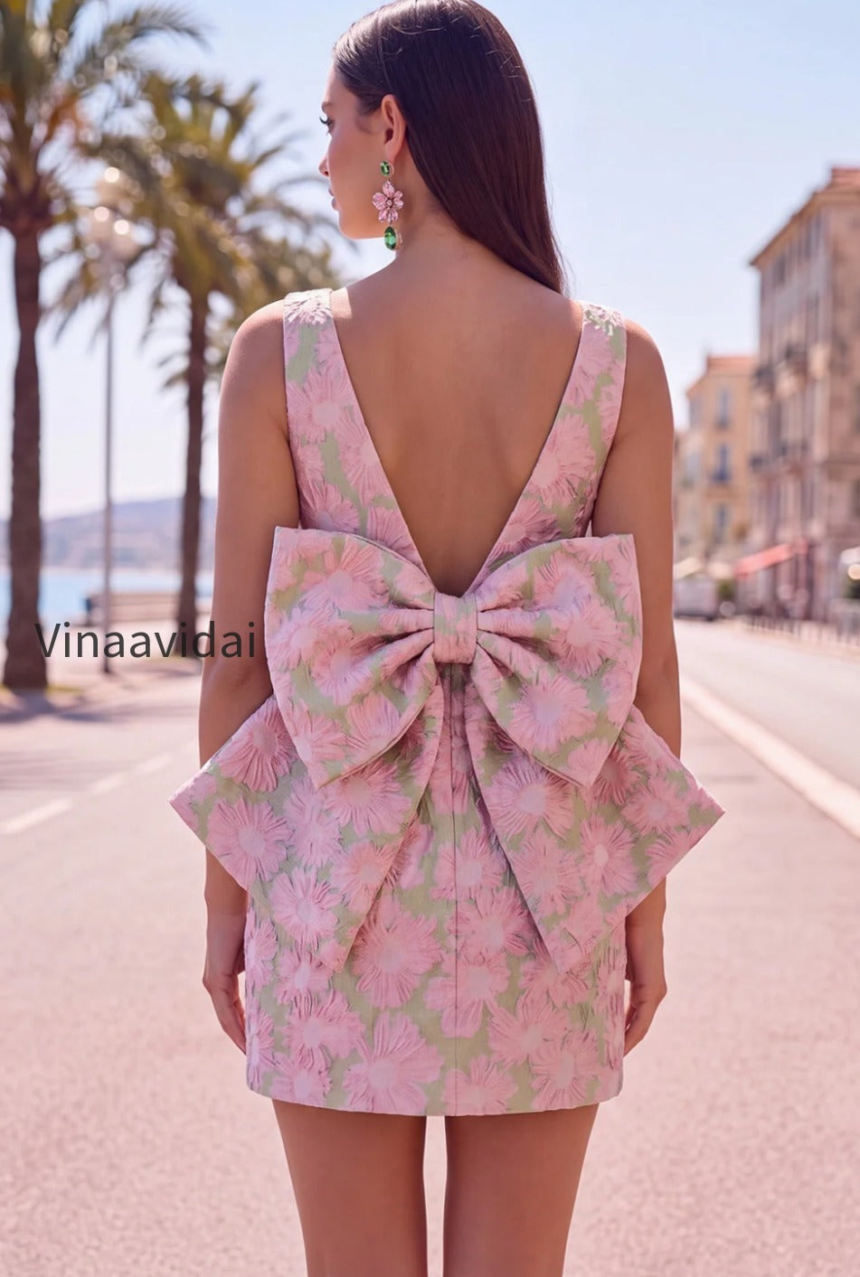 floral-pink-green-tight-boat-neck-short-homecoming-dress-with-bow
