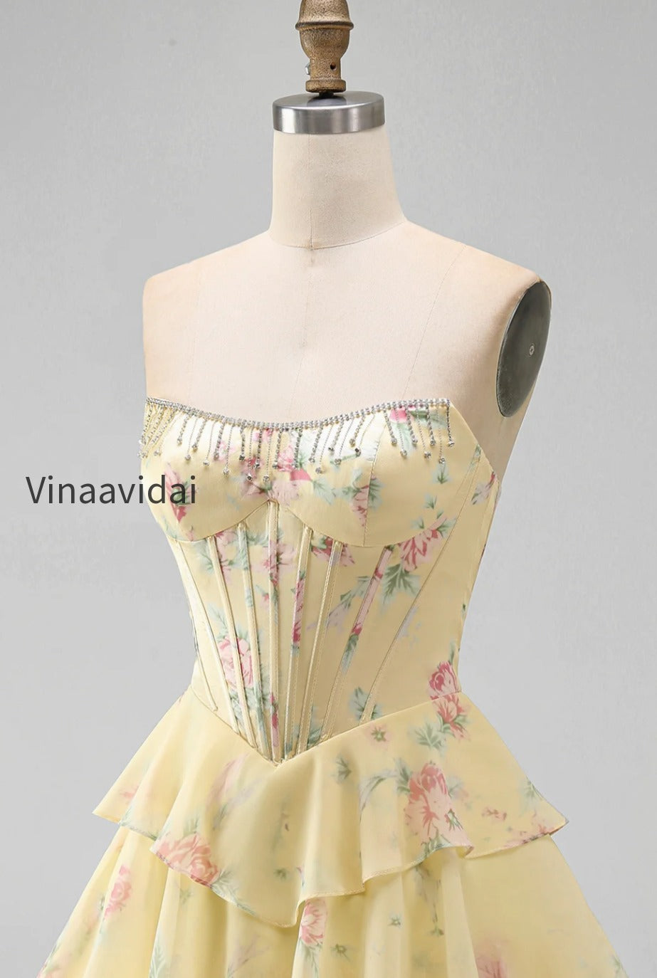 yellow-a-line-floral-corset-short-fringed-strapless-homecoming-dress-with-ruffles