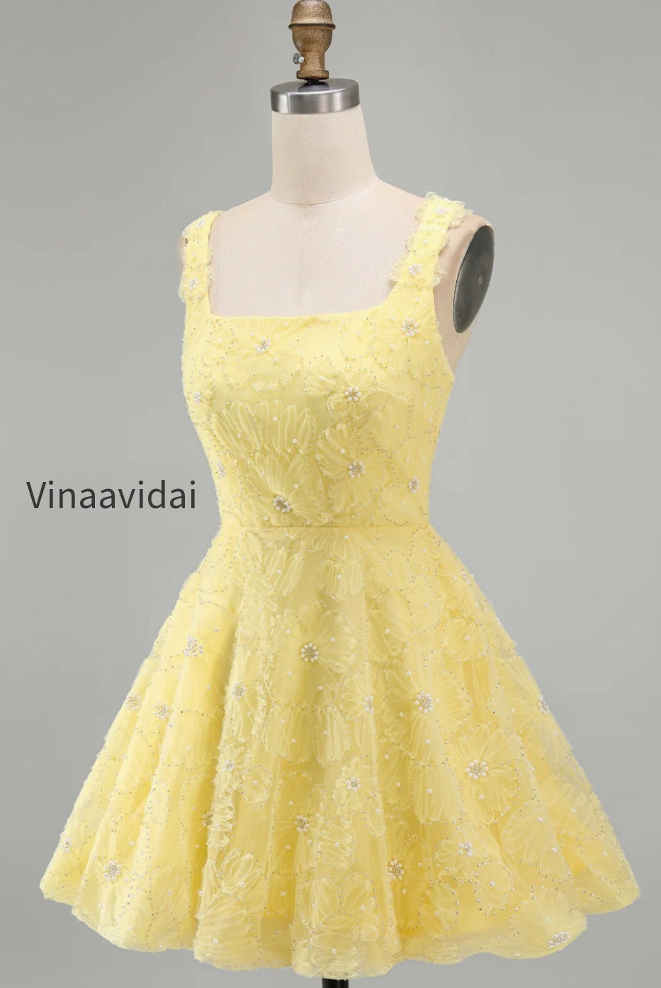 light-yellow-floral-a-line-beaded-bubble-short-homecoming-dress
