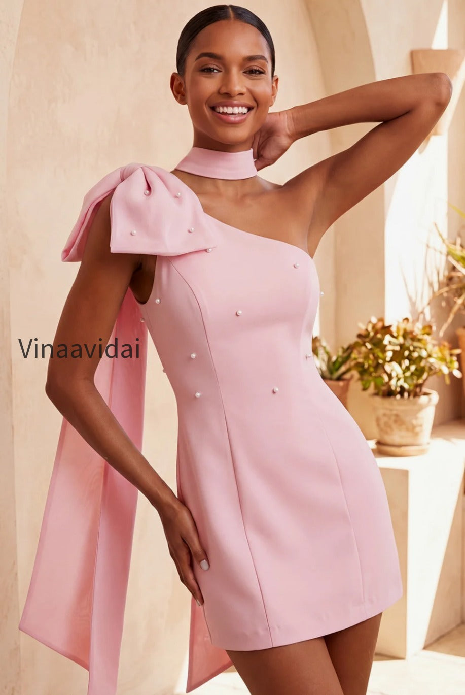 pink-beaded-one-shoulder-tight-short-homecoming-dress-with-bow