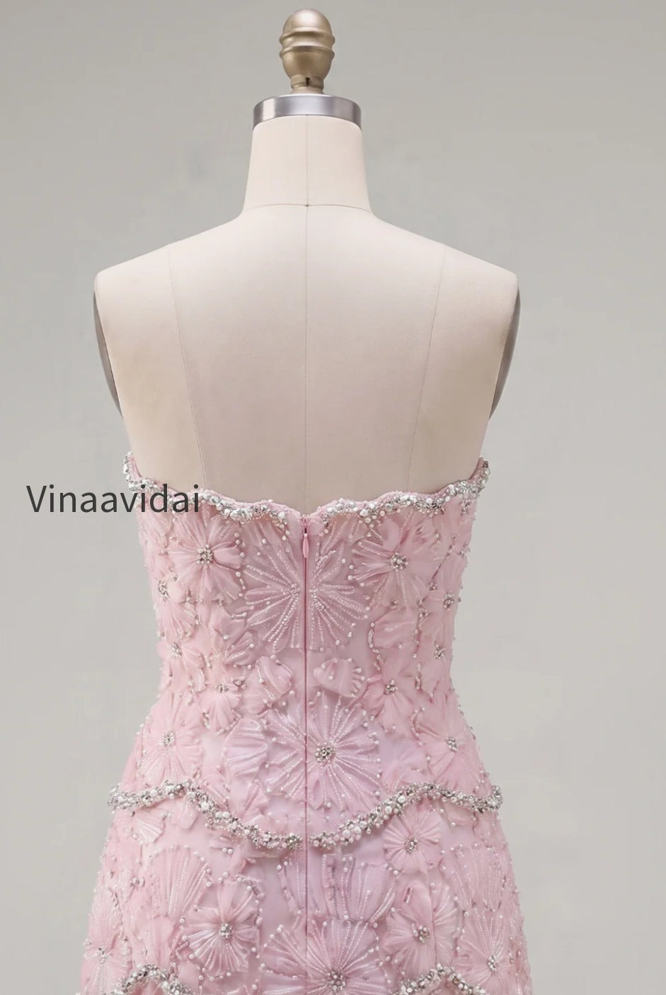 sparkly-pink-floral-tight-short-strapless-homecoming-dress-with-pearls