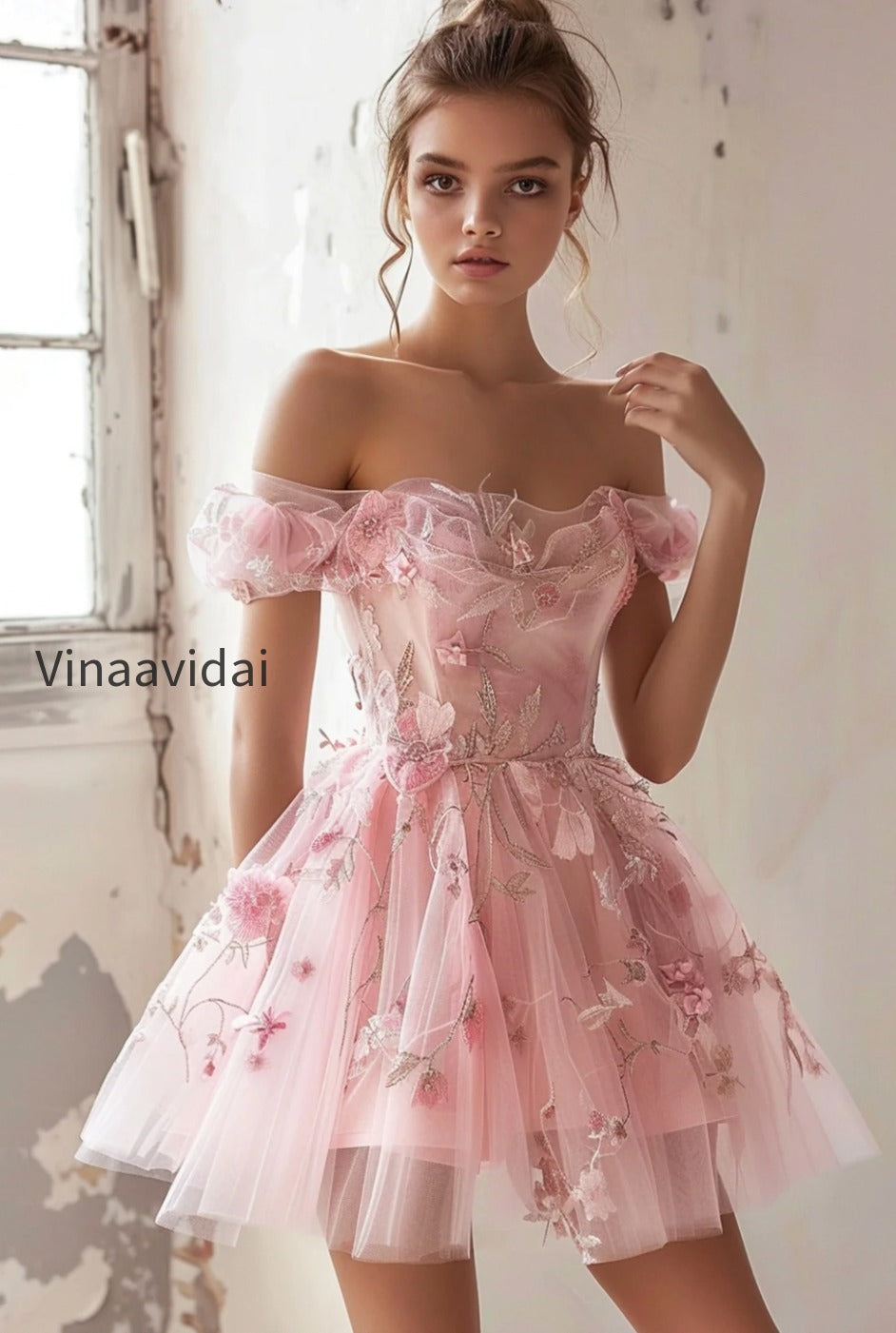 pink-floral-tulle-off-the-shoulder-ruffled-short-homecoming-dress