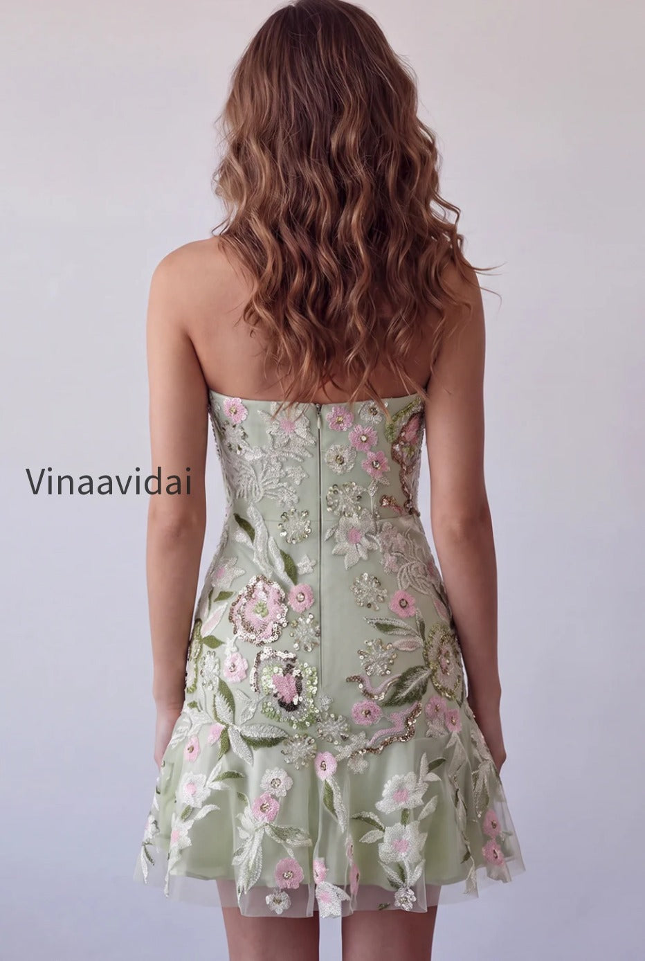 sage-green-floral-short-strapless-homecoming-dress-with-ruffles