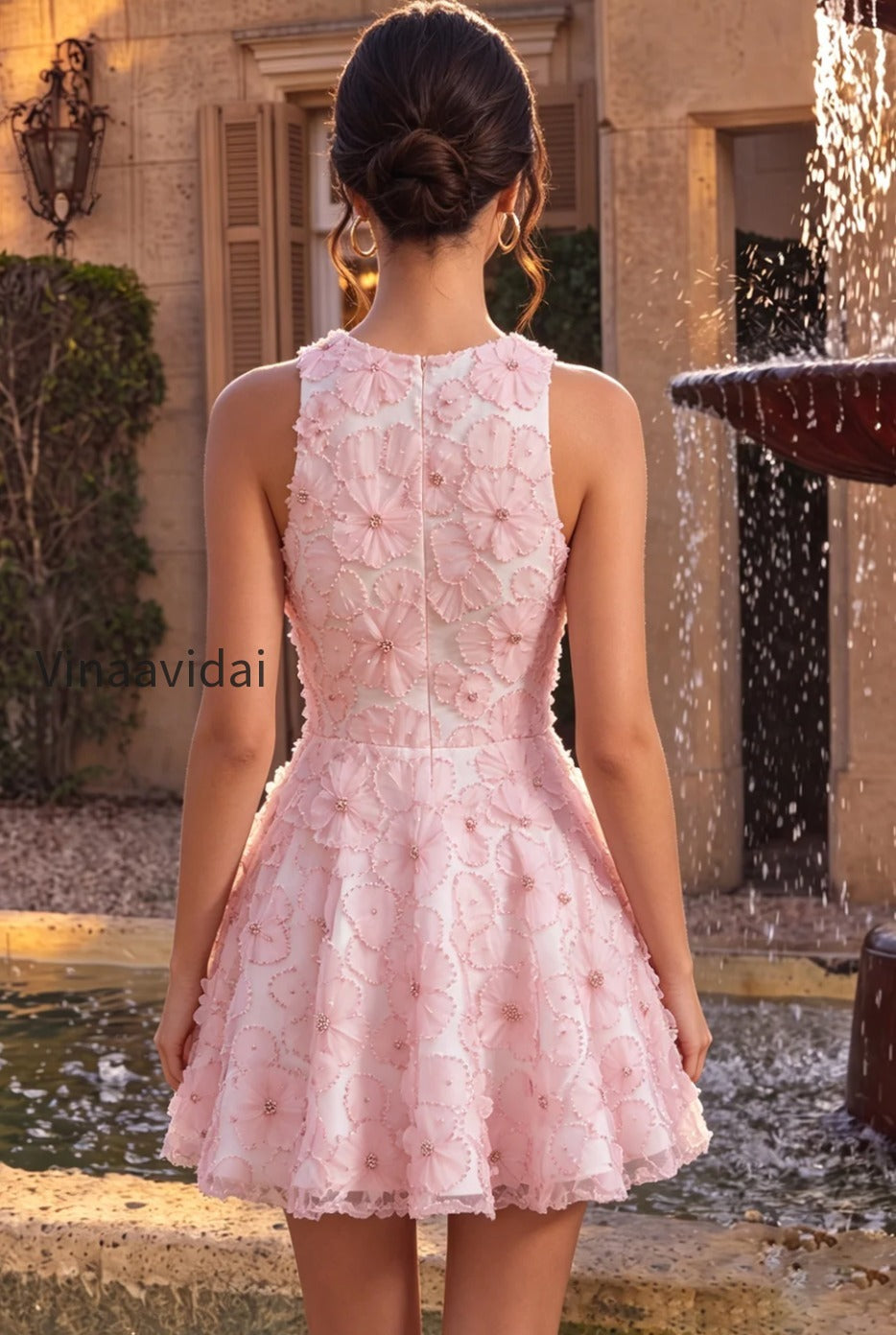 pink-floral-a-line-beaded-round-neck-short-homecoming-dress