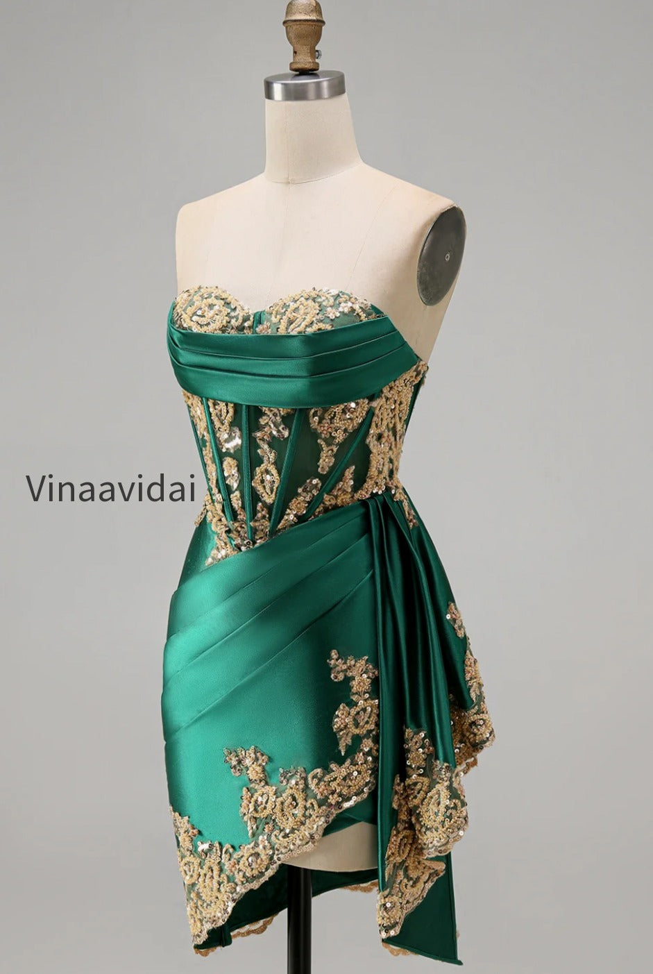strapless-corset-ruched-short-sparkly-dark-green-appliqued-homecoming-dress-with-ruffles