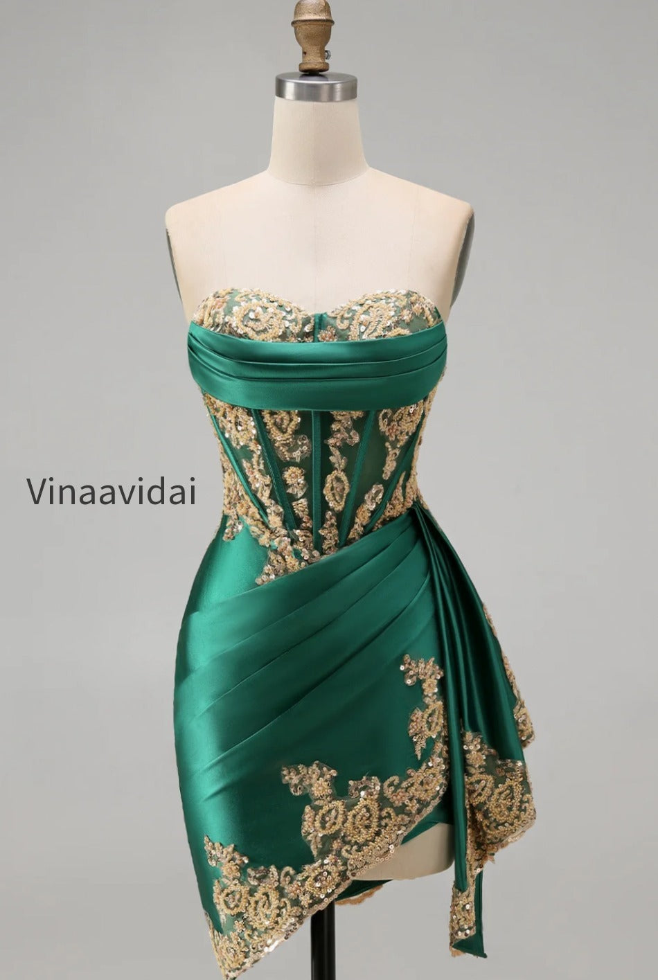 strapless-corset-ruched-short-sparkly-dark-green-appliqued-homecoming-dress-with-ruffles