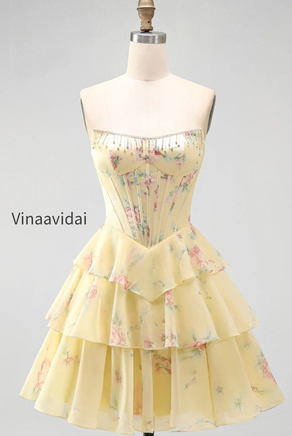 yellow-a-line-floral-corset-short-fringed-strapless-homecoming-dress-with-ruffles