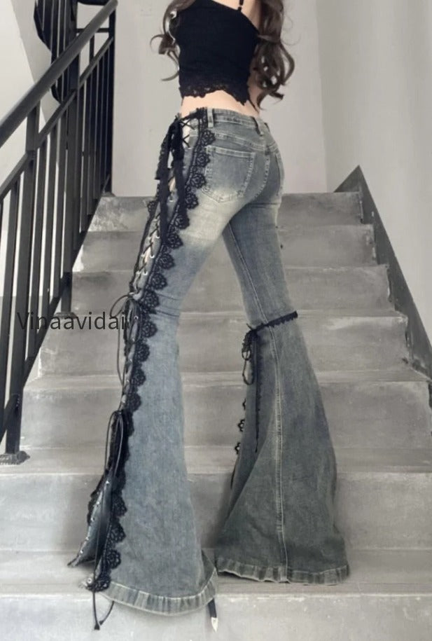 vintage-plus-size-lace-up-split-hem-micro-flare-jeans