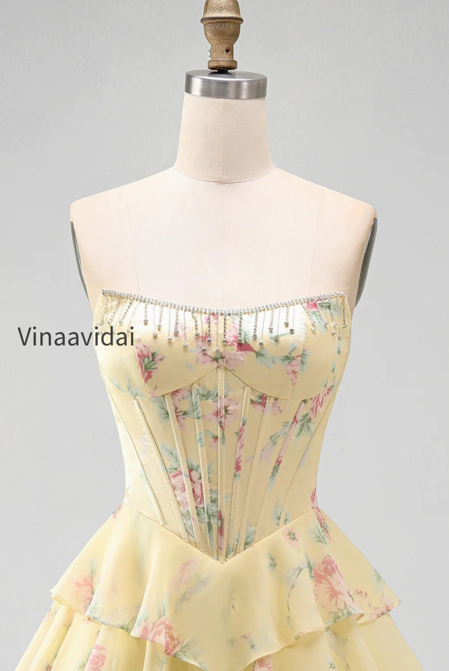 yellow-a-line-floral-corset-short-fringed-strapless-homecoming-dress-with-ruffles