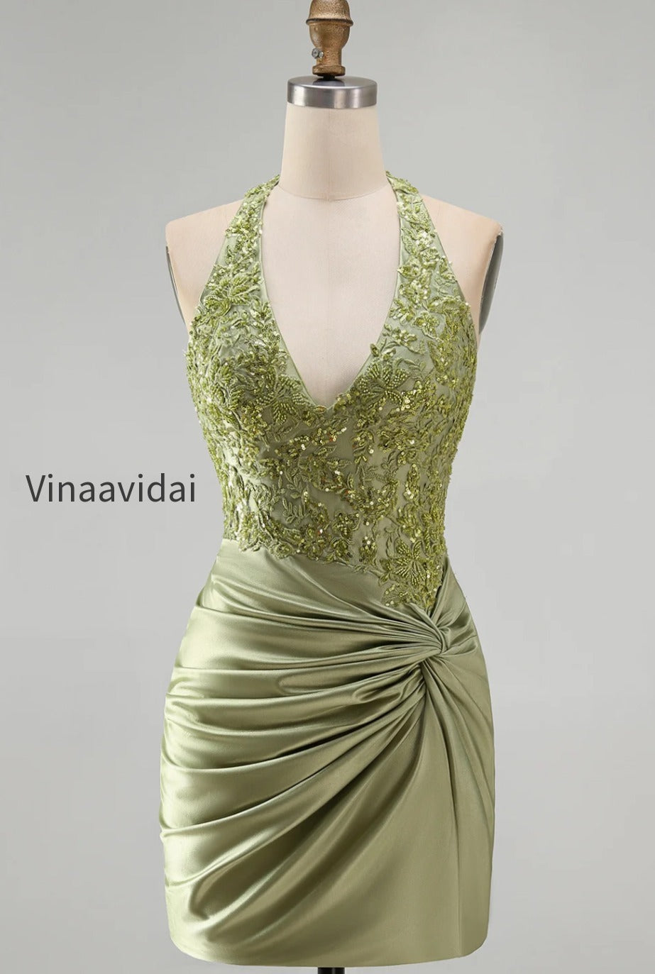 army-green-appliqued-ruched-halter-tight-short-corset-homecoming-dress