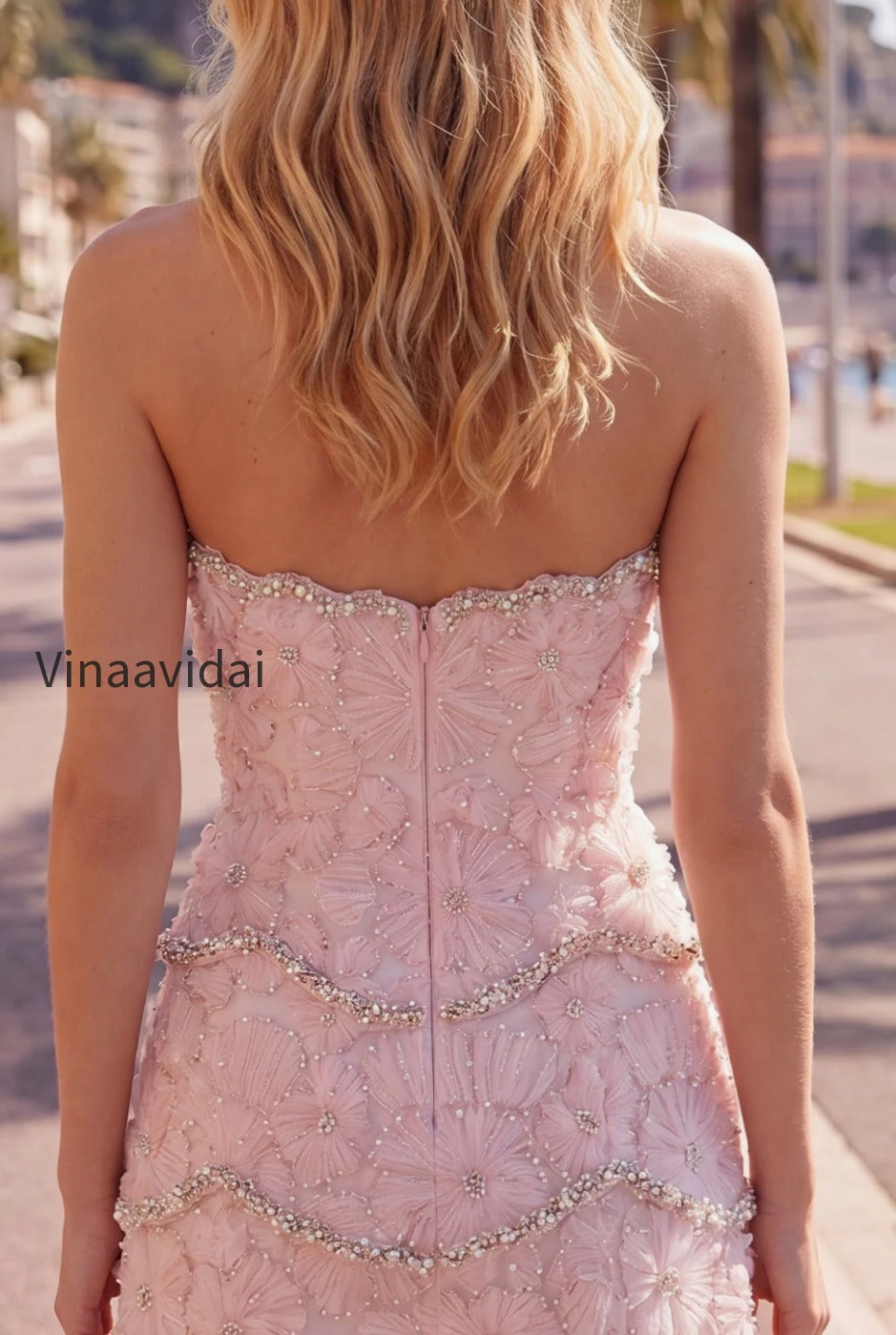 sparkly-pink-floral-tight-short-strapless-homecoming-dress-with-pearls