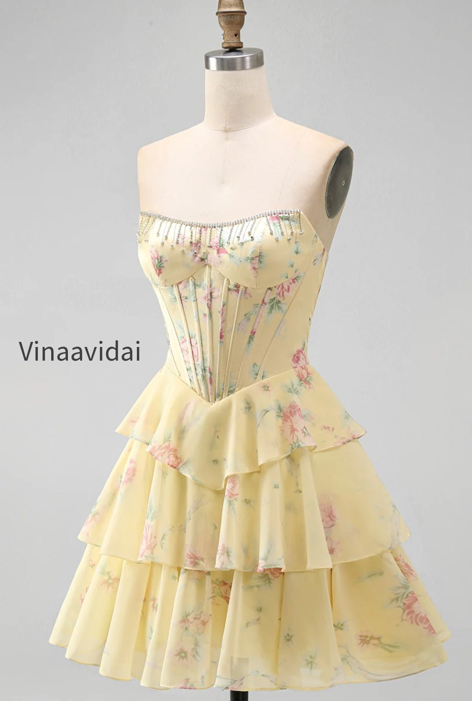 yellow-a-line-floral-corset-short-fringed-strapless-homecoming-dress-with-ruffles