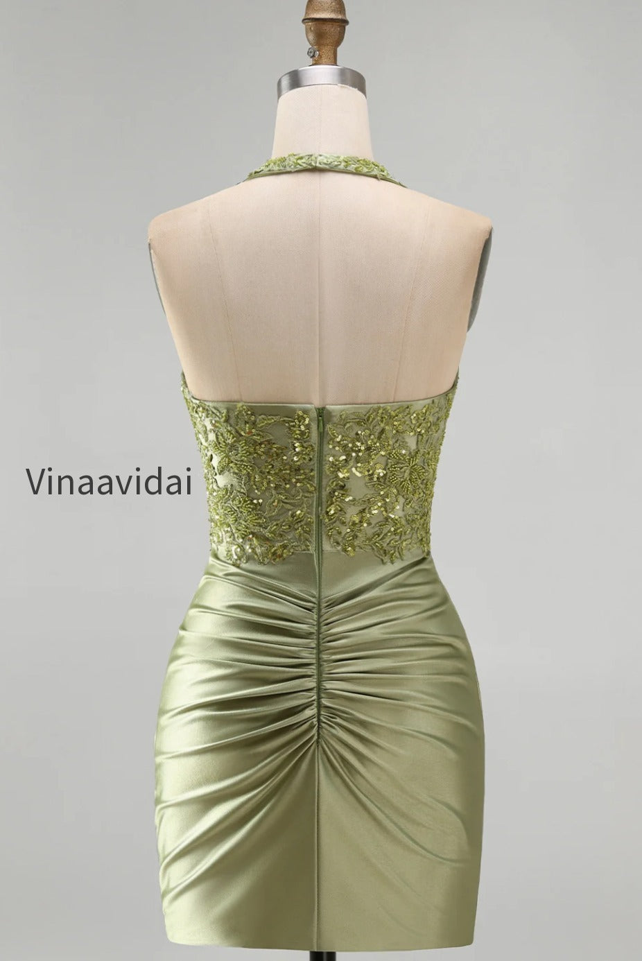 army-green-appliqued-ruched-halter-tight-short-corset-homecoming-dress