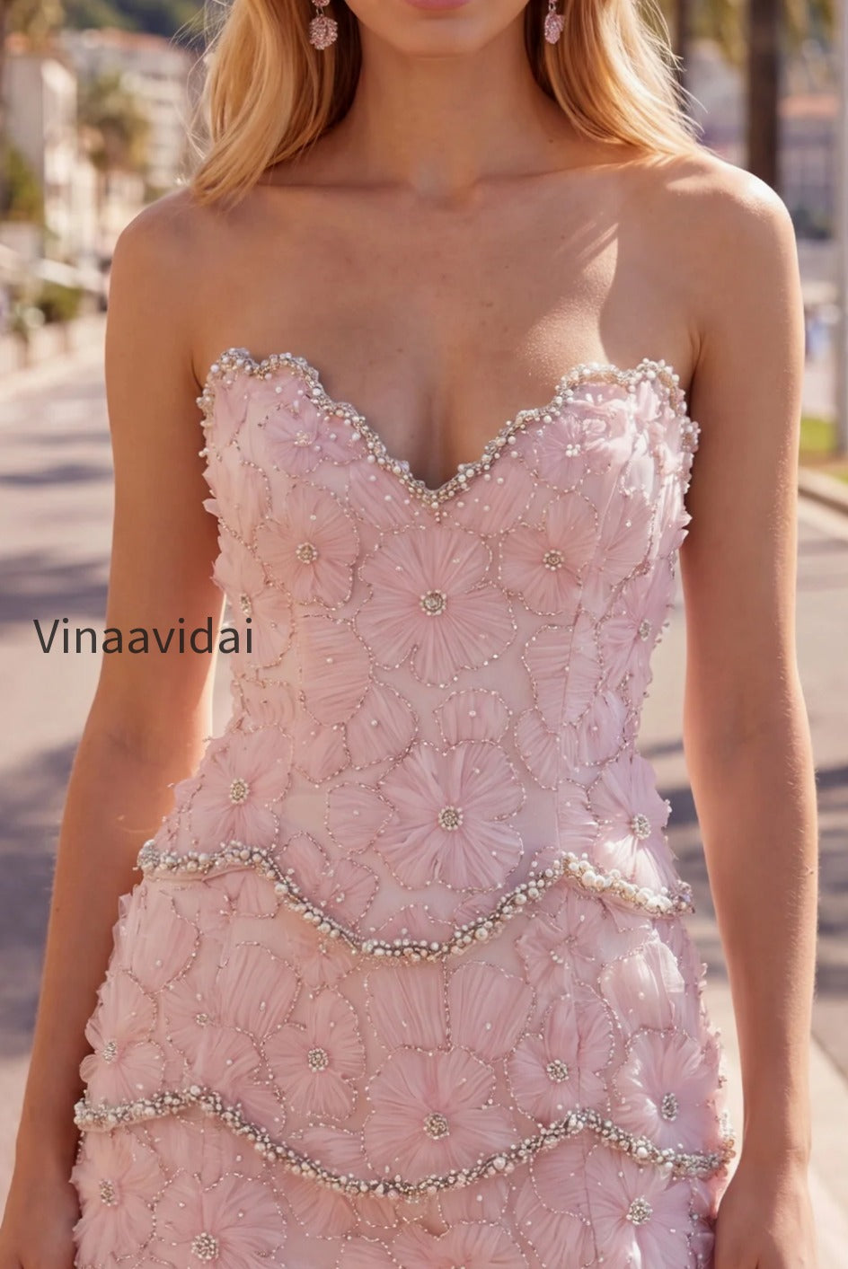 sparkly-pink-floral-tight-short-strapless-homecoming-dress-with-pearls
