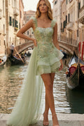 sparkly-light-green-appliqued-thick-straps-ruffled-a-line-short-prom-dress-with-cape