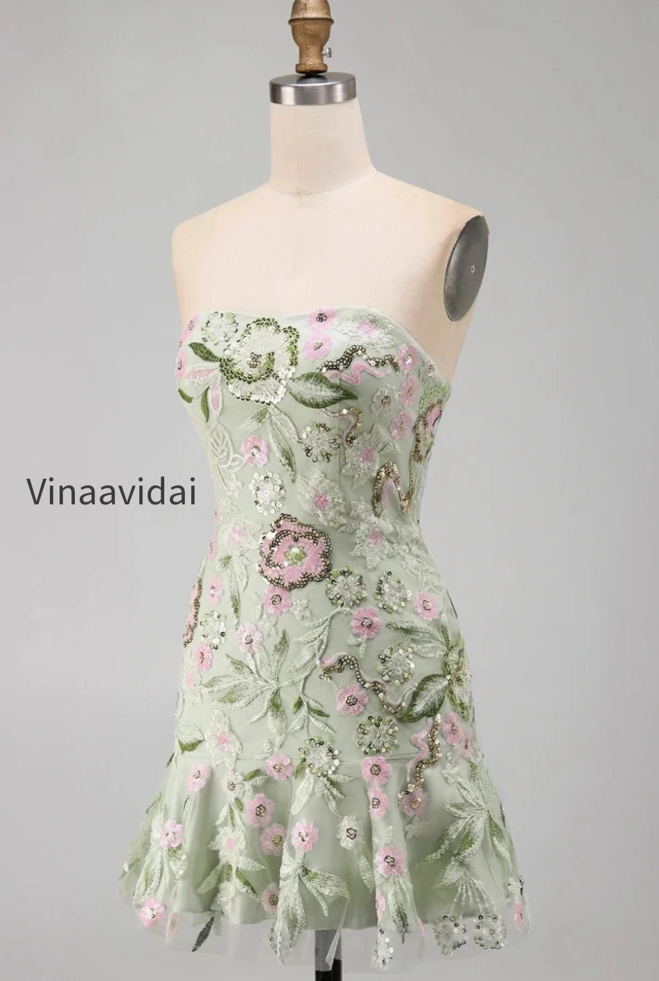 sage-green-floral-short-strapless-homecoming-dress-with-ruffles