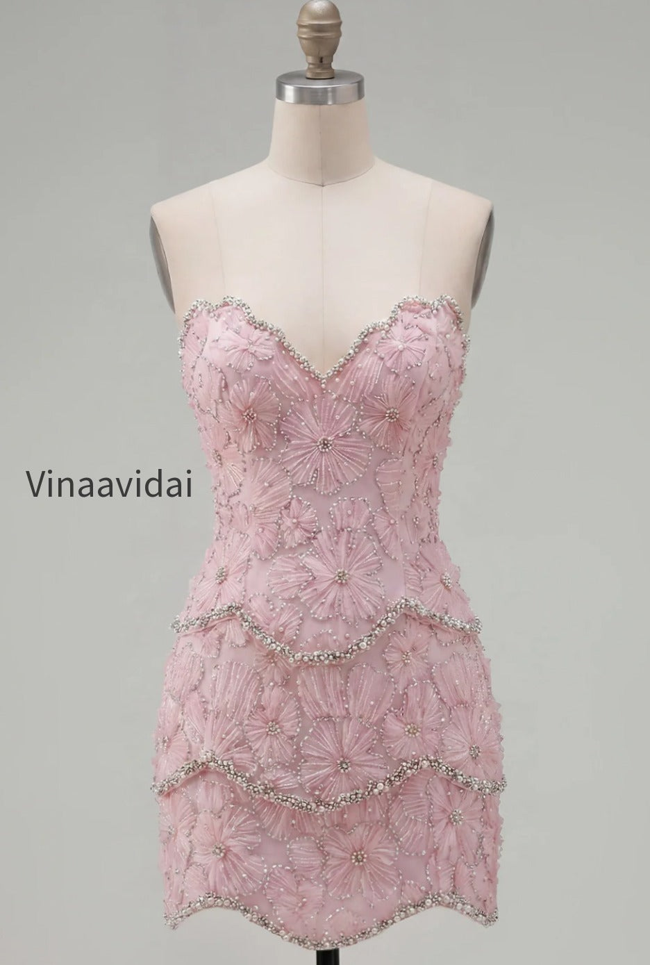 sparkly-pink-floral-tight-short-strapless-homecoming-dress-with-pearls