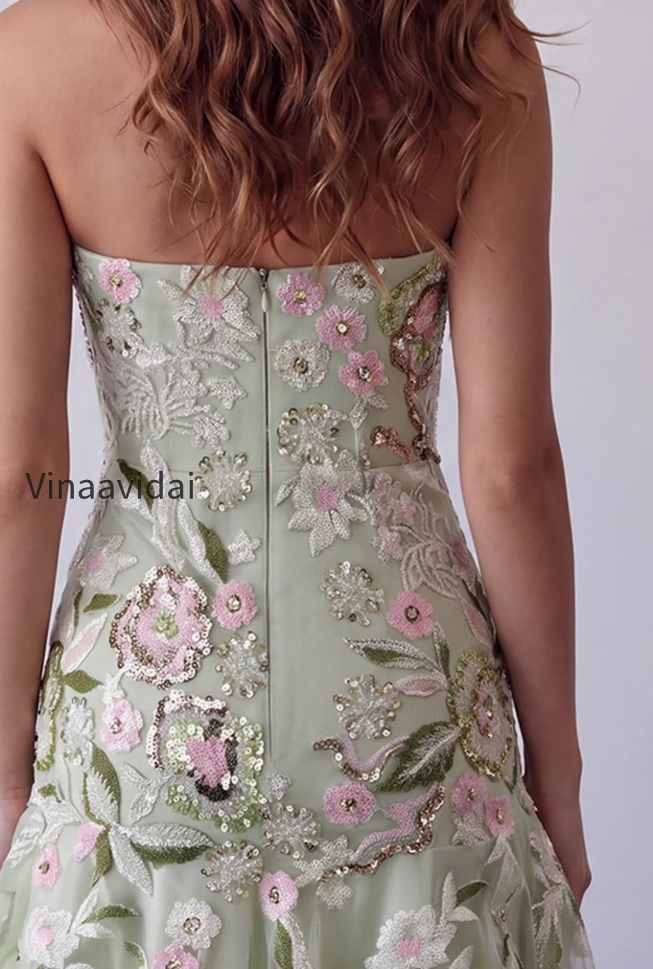 sage-green-floral-short-strapless-homecoming-dress-with-ruffles